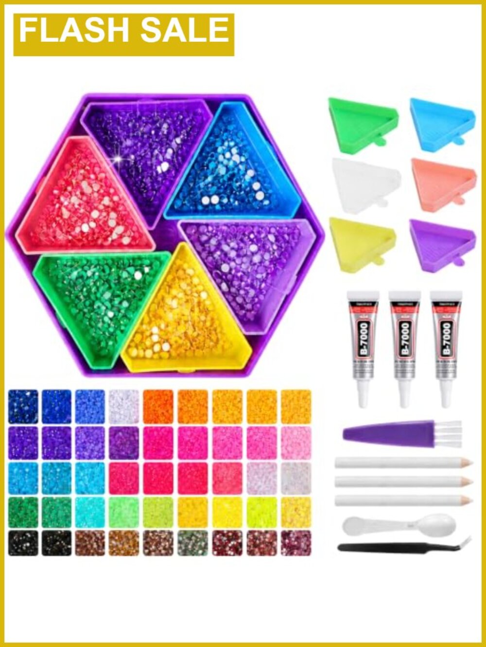 48-Color Bedazzling Kit with 7 Trays, 3mm Resin Rhinestones, Glue & Tools